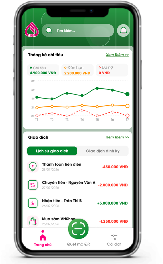 The redesigned screen: a search bar, a spending summary card with a seven month chart, a transaction list with history and scheduled tabs, and a tab bar with a raised QR button.