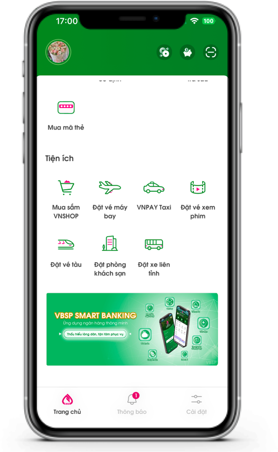 The VBSP Smart Banking utilities screen as it was: a green header, a Mua mã thẻ item, a Tiện ích grid of seven services and a marketing banner.