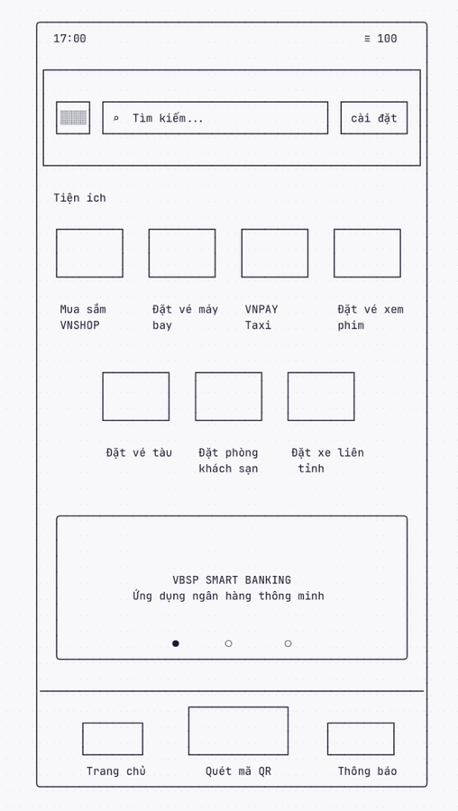 The wireframe the tool drew: a search row with a settings control, the Tiện ích grid as labelled boxes, a carousel slot for the VBSP Smart Banking banner, and a three item tab bar with QR in the middle.