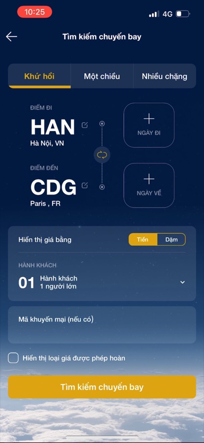 The Vietnam Airlines flight search screen as it is today: a search card over a photograph of clouds, with the search button already active.